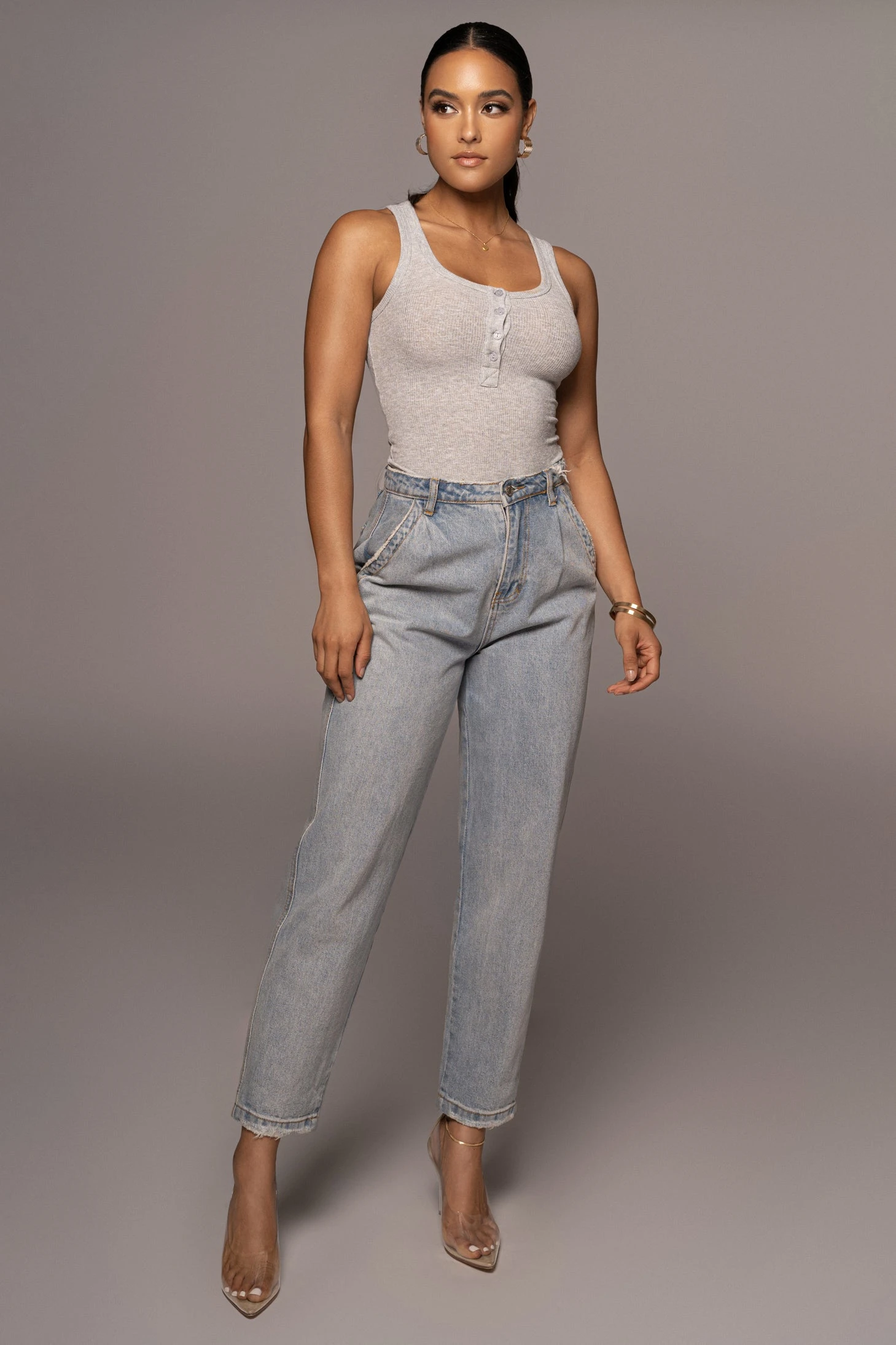 Grey Buttoned Ribbed Tank - Image 2