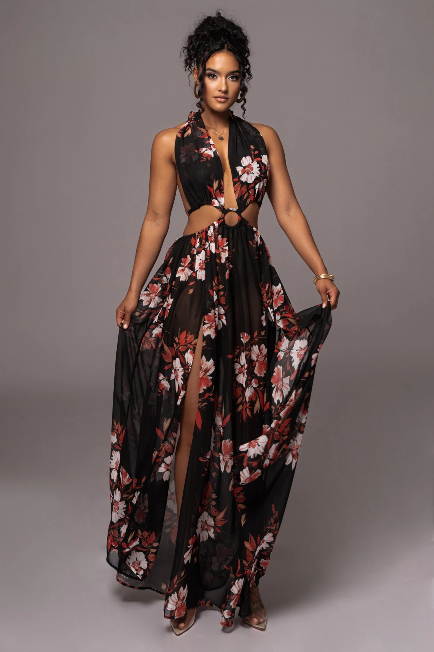 Red Floral Nicoletta Chiffon Maxi Dress - Image 4