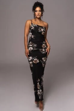 Grey Floral Treasure One Shoulder Dress