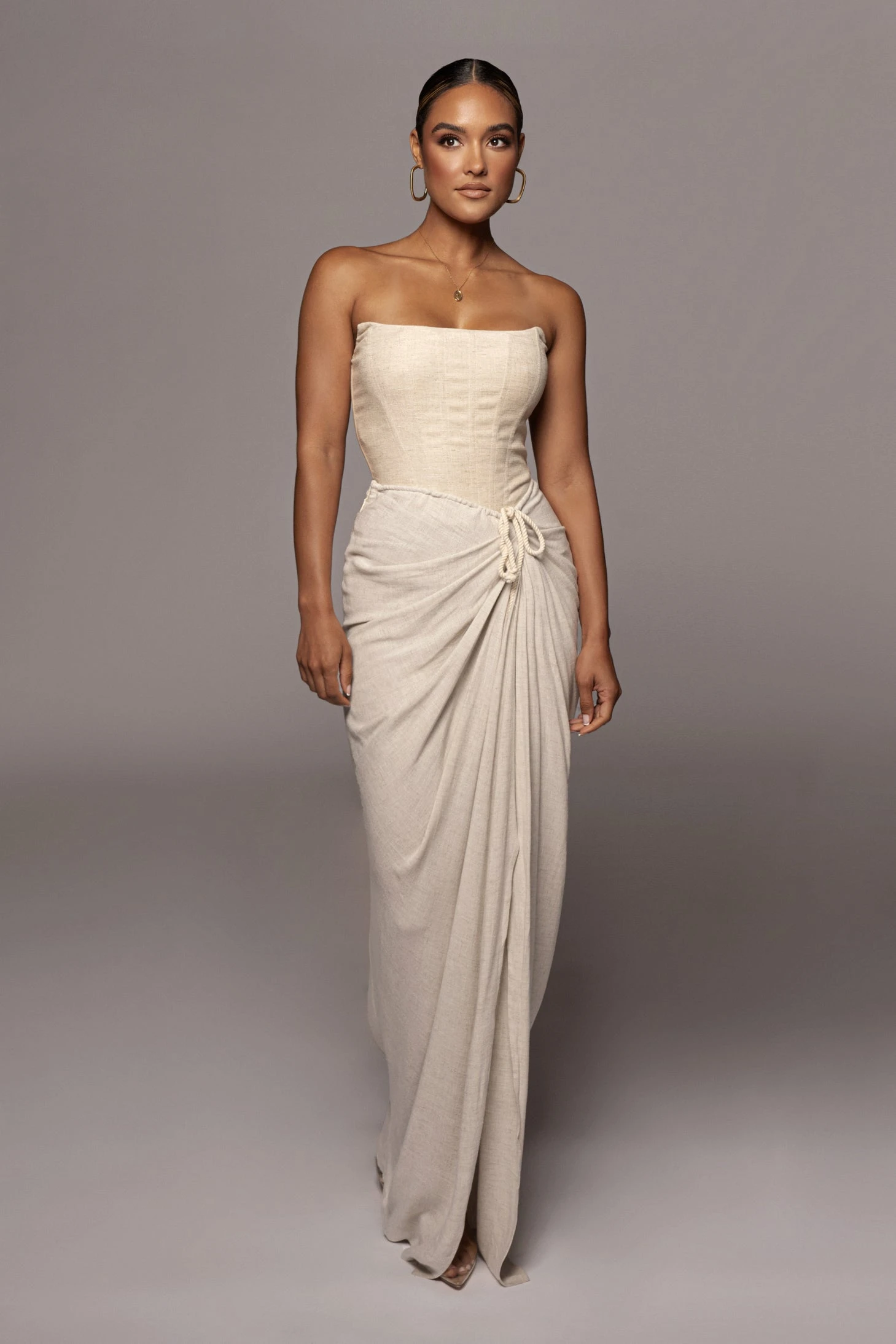 Natural Noelia Linen Slit Skirt