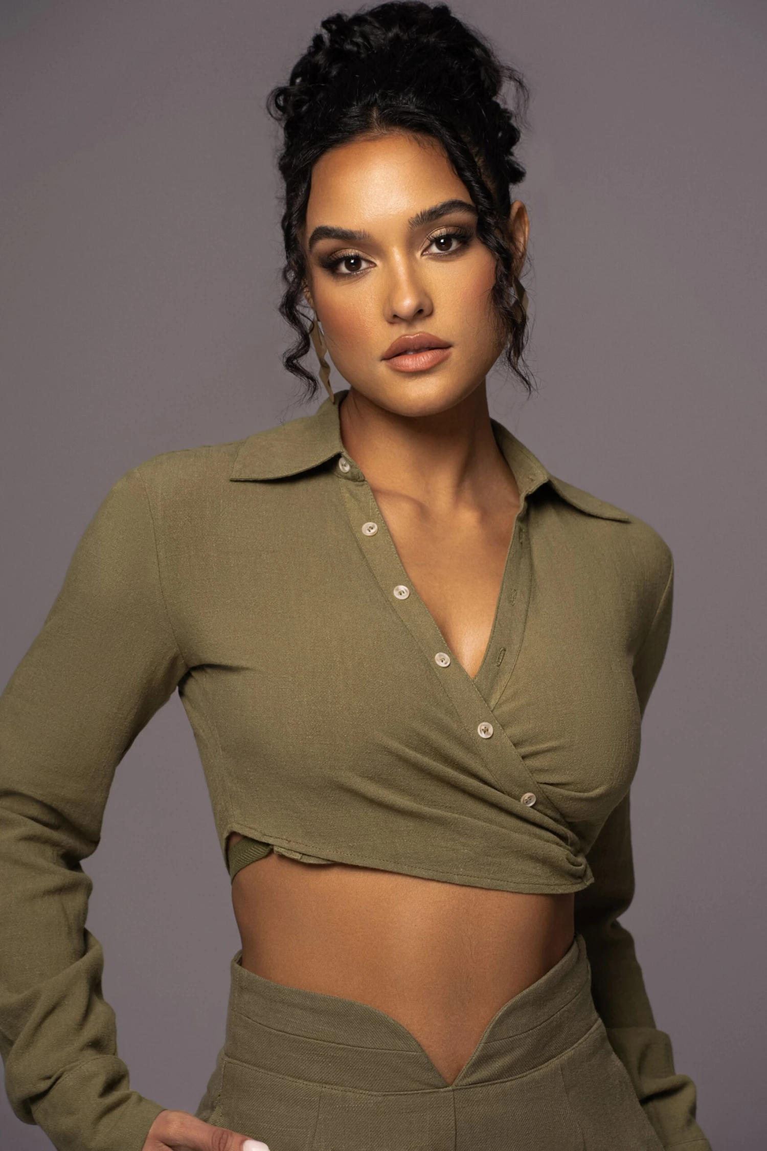 Olive Drift Away Linen Wrap Top - Image 4