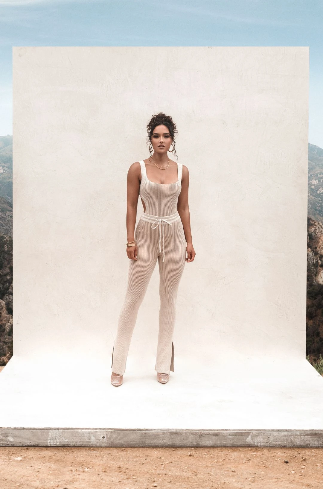 Taupe/White Deana Ribbed Bodysuit - Image 4